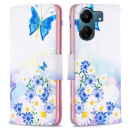 Калъф с капак за Xiaomi Redmi 13C / Poco C65, Wallet, butterfly & flowers, бял