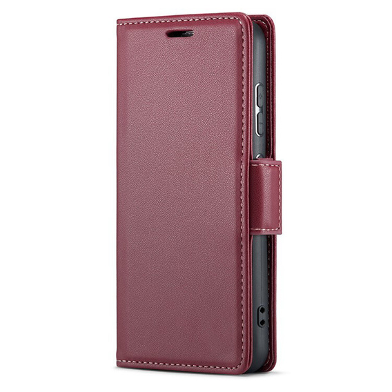Калъф за Oppo Reno 12, ERBORD Glossy Litchi, портфейл с капак, червен