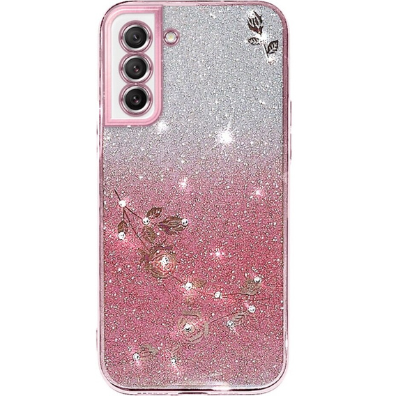 Калъф за Samsung Galaxy S21 FE, Glitter Flower, розов rose gold