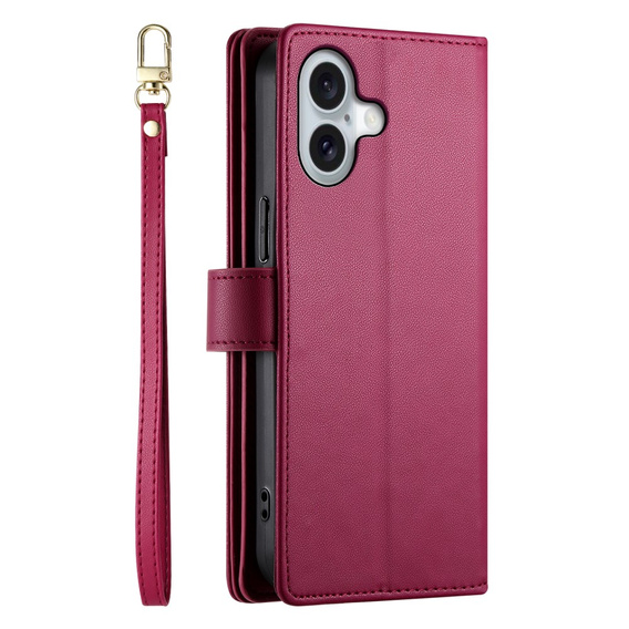 Калъф с капак за iPhone 16 Plus, Wallet Zipper Pocket, червен