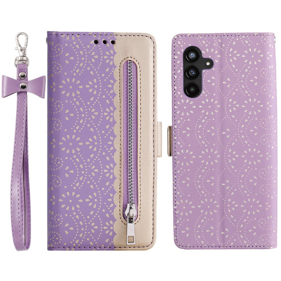 Калъф с капак за Samsung Galaxy A14 4G/5G, Wallet Pocket Zipper Lace, лилав