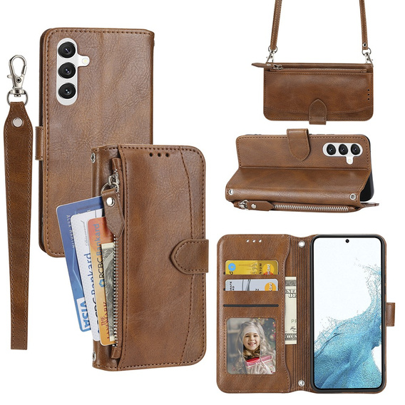 Калъф с капак за Samsung Galaxy A54 5G, Wallet Zipper Pocket, с каишка за рамо, кафяв