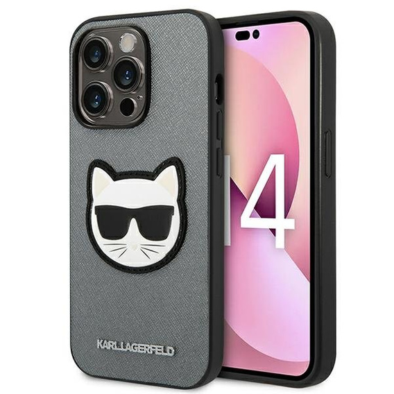 Калъфи Karl Lagerfeld за iPhone 14 Pro Max, Saffiano Choupette Head Patch, сребърен