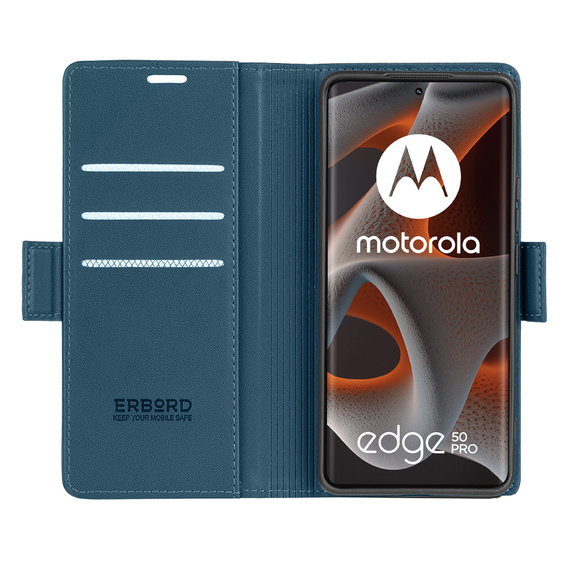 Калъф за Motorola Edge 50 Pro, ERBORD Glossy Litchi, портфейл с капак, син