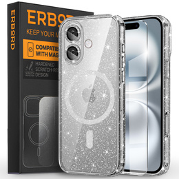 калъф за iPhone 16, ERBORD Glitter MagSafe, прозрачен + стъкло за екрана