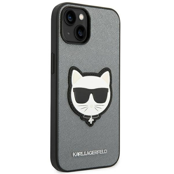 Калъфи Karl Lagerfeld за iPhone 14 Plus, Saffiano Choupette Head Patch, сребърен