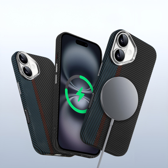 Калъфът за iPhone 16 Plus, Carbon Fiber MagSafe, черно / синьо