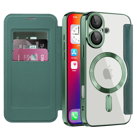 Калъф с капак за iPhone 16, RFID Wallet MagSafe CamShield, зелен