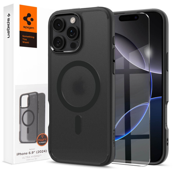 Калъфът MagSafe Spigen за iPhone 16 Pro Max, Ultra Hybrid, прозрачен / черен + 9H закалено стъкло