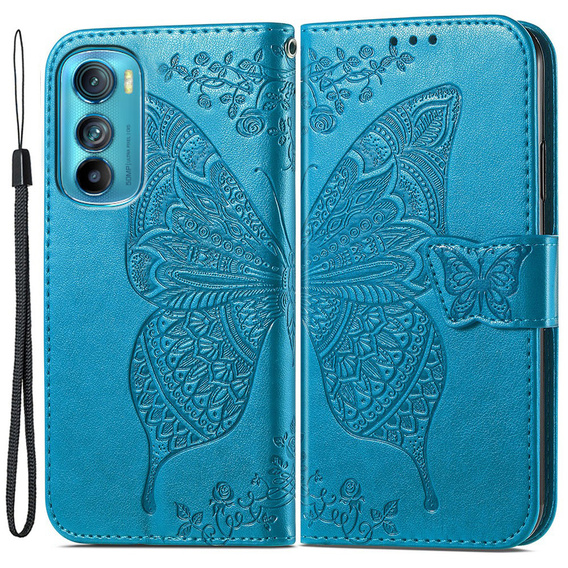 Калъф с капак за Motorola Edge 30, Butterfly, син