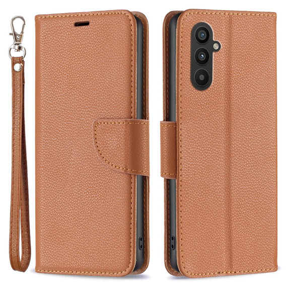 Калъф с капак за Samsung Galaxy A25 5G, Wallet Litchi Leather, кафяв + 9H стъкло