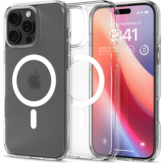 Калъфът MagSafe Spigen за iPhone 16 Pro, Ultra Hybrid, прозрачен / бял + 9H закалено стъкло
