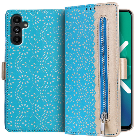 Калъф с капак за Samsung Galaxy A04S / A13 5G, Wallet Pocket Zipper Lace, син