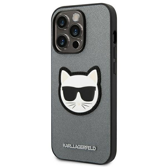 Калъфи Karl Lagerfeld за iPhone 14 Pro Max, Saffiano Choupette Head Patch, сребърен