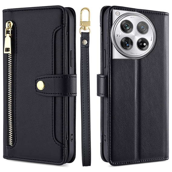 Калъф с капак за OnePlus 12 5G, Wallet Zipper Pocket, черен