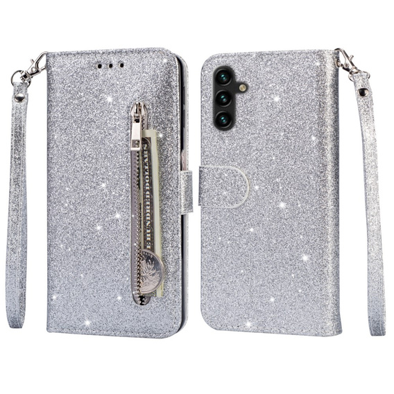 Калъф с капак за Samsung Galaxy A55, Wallet Zipper Pocket Glittery, сребърен