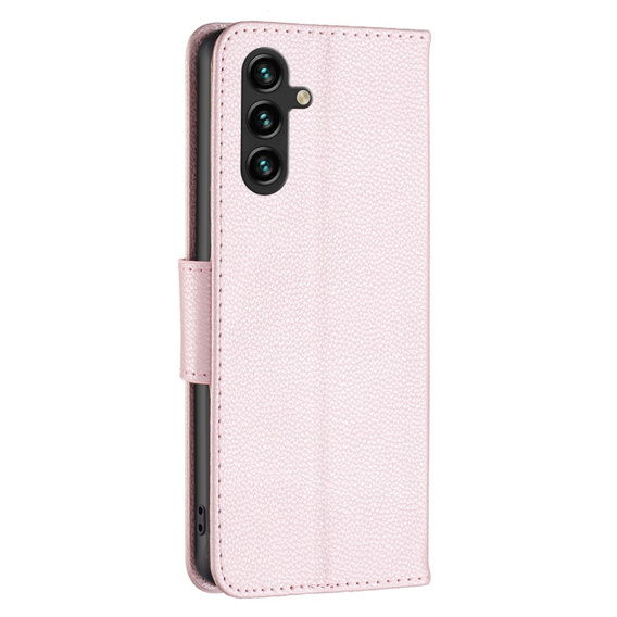 Калъф с капак за Samsung Galaxy A15, Wallet Litchi Leather, розов + 9H стъкло