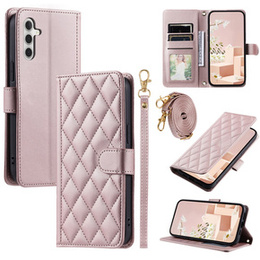 Калъф с капак за Samsung Galaxy S24 FE, Rhombus Crossbody Leather, розов rose gold