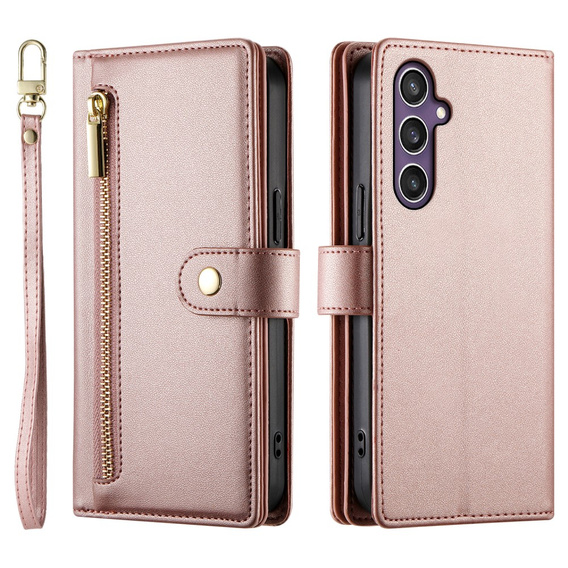 Калъф с капак за Samsung Galaxy S25, Wallet Zipper Pocket, розов