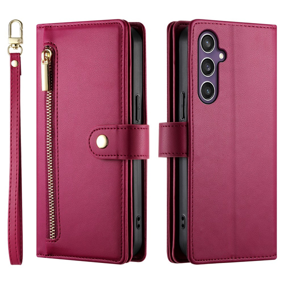 Калъф с капак за Samsung Galaxy S25, Wallet Zipper Pocket, червен