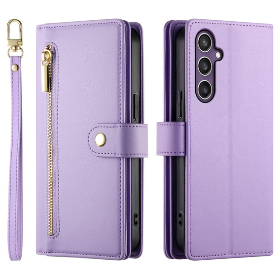 Калъф с капак за Samsung Galaxy S25, Wallet Zipper Pocket, лилав