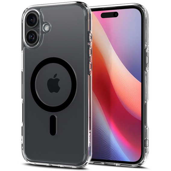 Калъфът MagSafe Spigen за iPhone 16 Plus, Ultra Hybrid, прозрачен / черен + 9H закалено стъкло