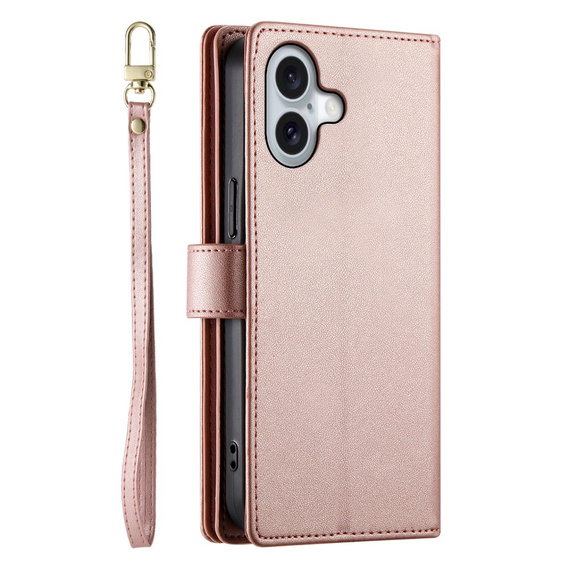 Калъф с капак за iPhone 16 Plus, Wallet Zipper Pocket, розов