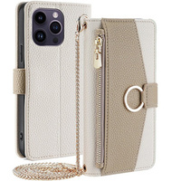 Калъфът с цип Wallet Zipper Pocket за iPhone 15 Pro Max, Wallet Zipper Pocket, с огледало, бял