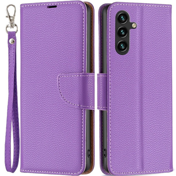 Калъф с капак за Samsung Galaxy A15, Wallet Litchi Leather, лилав + 9H стъкло