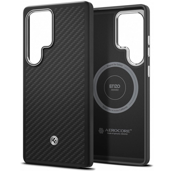 Чохол Spigen для Samsung Galaxy S25 Ultra, Enzo Aramid MagSafe, carbon черен + загартоване скло 9H