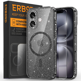 калъф за iPhone 16, ERBORD Glitter MagSafe, черен + стъкло за екрана