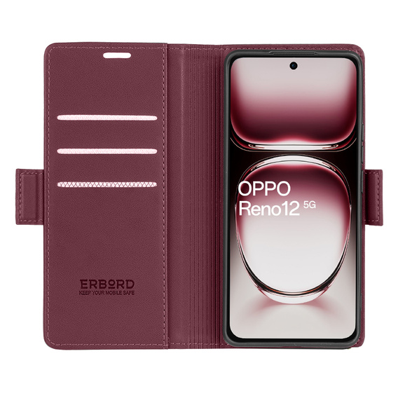 Калъф за Oppo Reno 12, ERBORD Glossy Litchi, портфейл с капак, червен