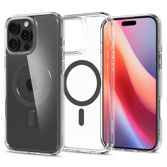 Калъфът MagSafe Spigen за iPhone 16 Pro Max, Ultra Hybrid, прозрачен / сив + 9H закалено стъкло