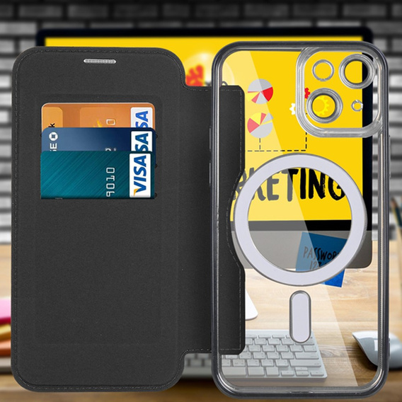 Калъф с капак за iPhone 14, RFID Wallet MagSafe CamShield, черен