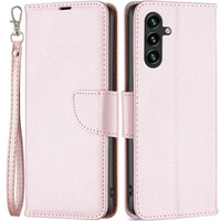 Калъф с капак за Samsung Galaxy A15, Wallet Litchi Leather, розов + 9H стъкло