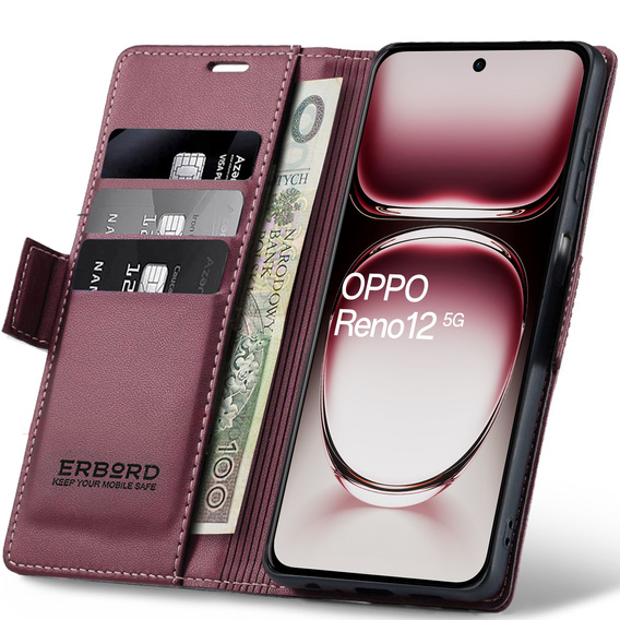 Калъф за Oppo Reno 12, ERBORD Glossy Litchi, портфейл с капак, червен