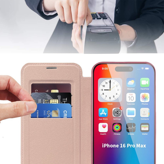 Калъф с капак за iPhone 16 Pro Max, RFID Wallet MagSafe CamShield, розов