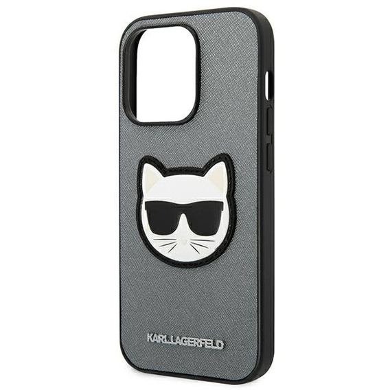 Калъфи Karl Lagerfeld за iPhone 14 Pro Max, Saffiano Choupette Head Patch, сребърен