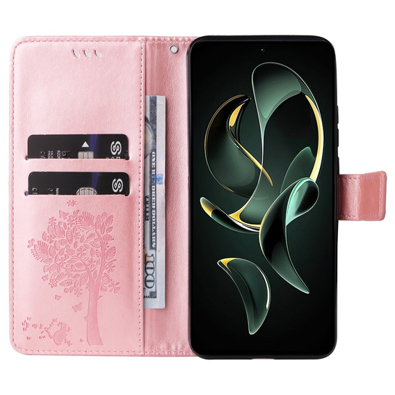 Калъф с капак за Xiaomi 13T / 13T Pro, дърво, розово rose gold