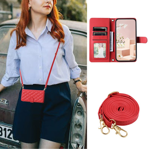 Калъф с капак за Xiaomi Redmi Note 13 Pro 4G, Rhombus Crossbody Leather, червен