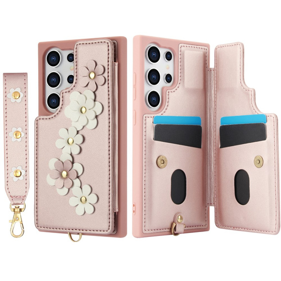 Калъфът за Samsung Galaxy S25 Ultra, Leather Flower Card Slot, розов