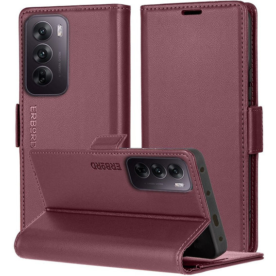 Калъф за Oppo Reno 12, ERBORD Glossy Litchi, портфейл с капак, червен