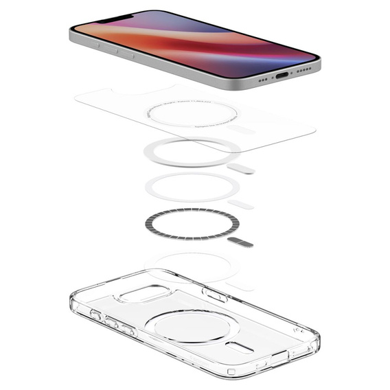 Калъфът MagSafe Spigen за iPhone 16E, Ultra Hybrid, прозрачен / бял + 9H закалено стъкло