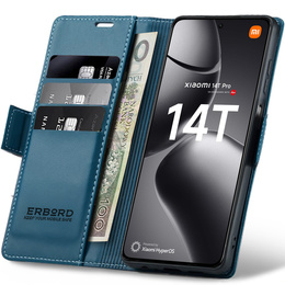 Калъф за Xiaomi 14T Pro, ERBORD Glossy Litchi, портфейл с капак, син