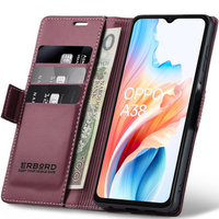 Калъф за Oppo A18 4G / A38 4G, ERBORD Glossy Litchi, портфейл с капак, червен