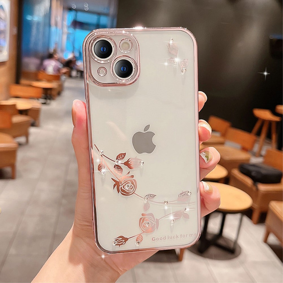 Калъф за iPhone 15 Plus, Glitter Flower, розов rose gold