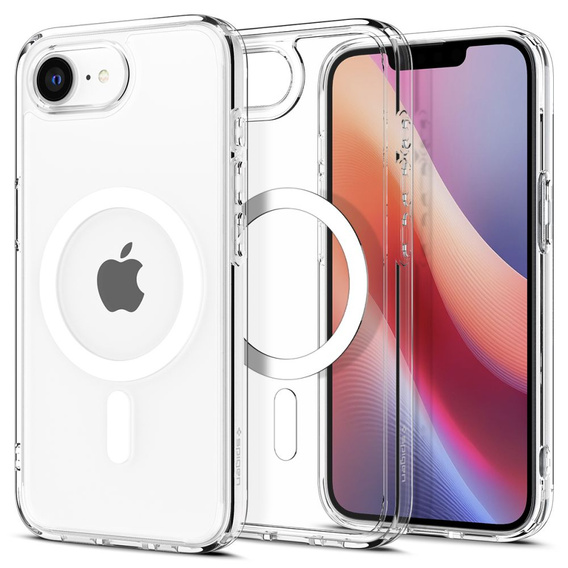 Калъфът MagSafe Spigen за iPhone 16E, Ultra Hybrid, прозрачен / бял + 9H закалено стъкло