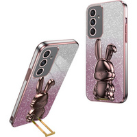 Калъф за Samsung Galaxy A55 5G, Glitter Rabbit, с изтегляща се стойка, розов