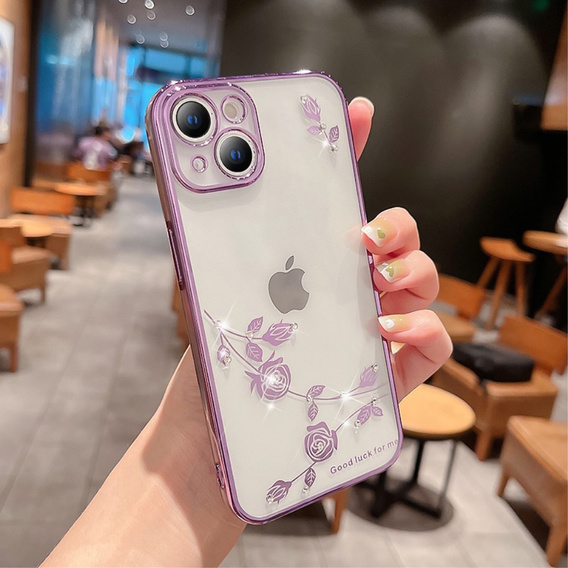 Калъф за iPhone 15 Plus, Glitter Flower, лилав