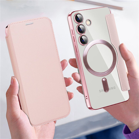 Калъф с капак за Samsung Galaxy S24+ Plus, RFID Wallet MagSafe CamShield, розов